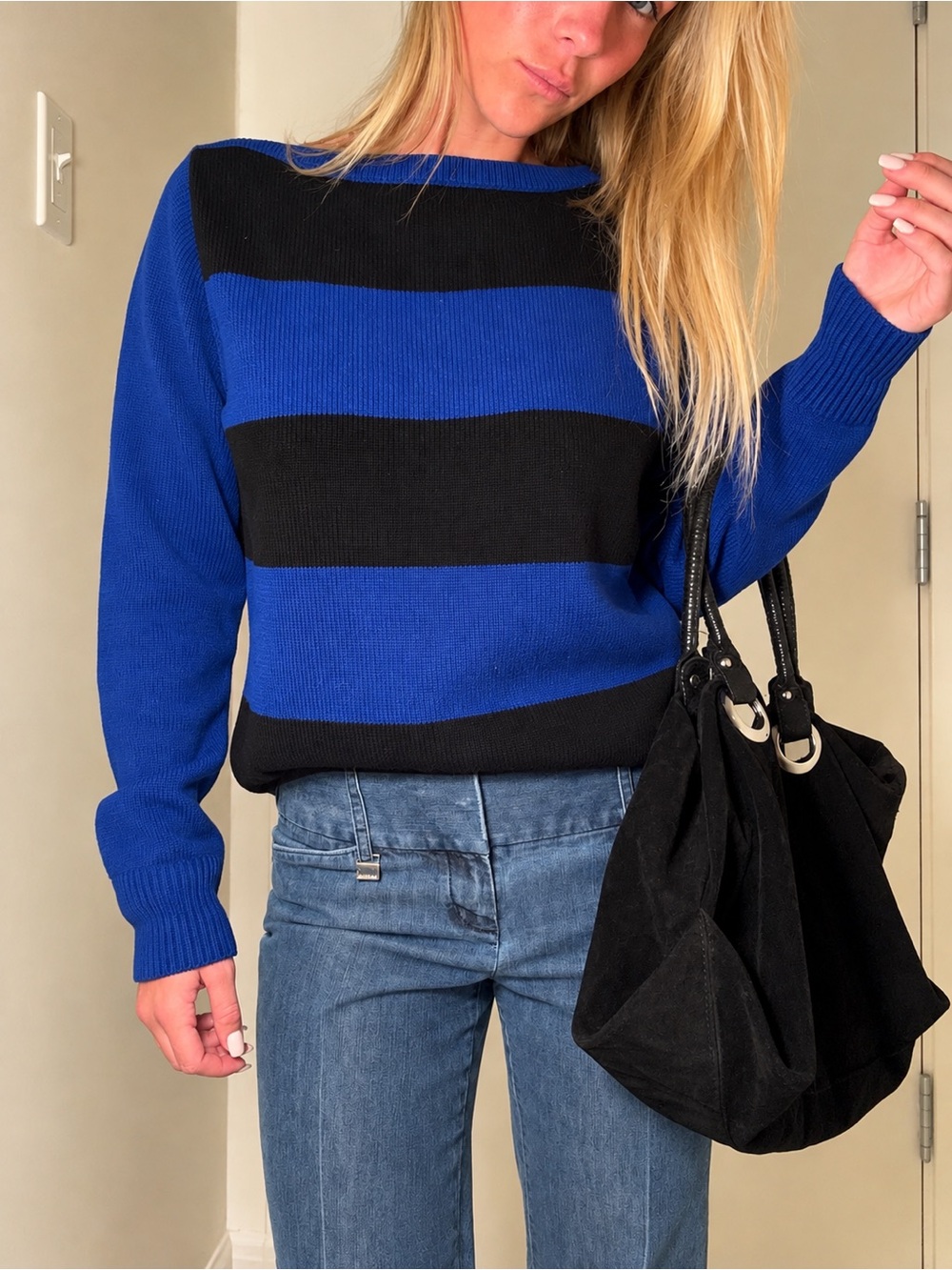Lauren Ralph Lauren Blue & Black Striped Sweater — Size M